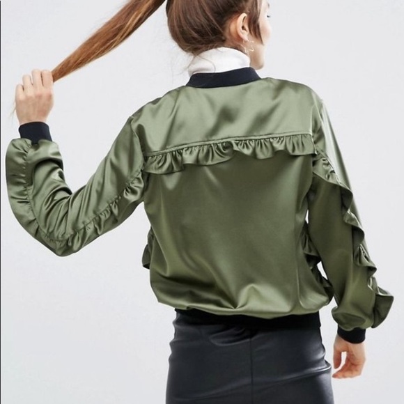 ASOS Jackets & Blazers - ASOS satin green ruffle bomber jacket